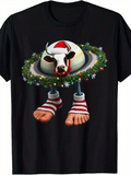 Men's T-Shirt Festive Holiday Cow With Christmas Wreath Striped Socks And Funny Feet