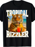 Men's T-Shirt Tropical Rizzler Lively Beach Scene With Tiger Holding Cocktail Drink