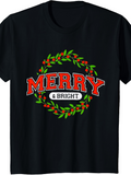 Men's T-Shirt Merry And Bright Festive Holiday Wreath Surrounded By Green Leaves
