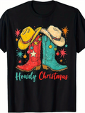 Men's T-Shirt Howdy Christmas Festive Western Boots With Colorful Stars And Cowboy Hats