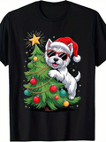 Men's T-Shirt Festive Dog In Santa Hat Among Decorated Sparkling Christmas Pine Tree