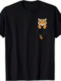 Men's T-Shirt Playful Cartoon Tiger Leaning Over Faux Pocket T Shirt