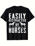 Men's T-Shirt Easily Distracted By Horses Rustic Block Letters With Two Horses Underneath Text