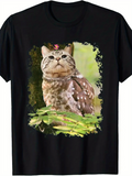 Men's T-Shirt Sunlit Woodland Mist With Cat Blending Into Forest Owl