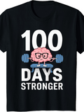 Men's T-Shirt 100 Days Stronger With Cute Cartoon Brain Lifting Dumbbells
