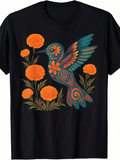 Men's T-Shirt Vibrant Floral Blooms With Colorful Decorative Details Surrounding Hummingbird