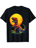 Men's T-Shirt Vibrant Sunset Colors With Pixel Style Jurassic Dinosaur