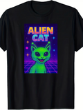 Men's T-Shirt Alien Cat Glowing Neon Green Against Purple Digital Star Night Cat