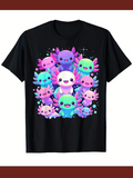 Men's T-Shirt Colorful Cartoon Smiling Faces With Playful Lively Water Creatures Axolotl