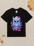 Men's T-Shirt Whimsical Blue Owl With Pink Feathers Amid Purple Skulls And Stars Owl