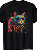 Men's T-Shirt Vibrant Neon Light Surreal Fusion Featuring A Cool Sunglasses Cat