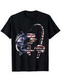 Men's T-Shirt Patriotic Striped Fish With American Flag Hook On Black Shirt