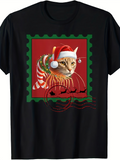 Men's T-Shirt Christmas Cat With Santa Hat Among Holiday Decorations Stamp