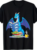 Men's T-Shirt Smiling Blue Dragon Relaxing With Books And Steaming Coffee Mug