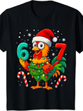 Men's T-Shirt Festive Christmas Lights Colorful Cartoon Rooster With Santa Hat And Candy Canes