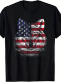 Men's T-Shirt Patriotic Furry American Flag Blending Across Majestic Wild Wolf