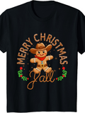 Men's T-Shirt Merry Christmas Yall Festive Cowboy Gingerbread Surrounded By Holly Berries
