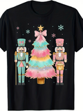 Men's T-Shirt Pastel Christmas Tree With Two Nutcracker Figures Under Falling Snowflakes