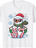Men's T-Shirt Striped Candy Cane Numbers With Snowflakes And Happy Snowman