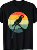 Men's T-Shirt Retro Striped Sunset With Parrot Resting On Silhouette Branch