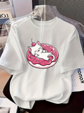 Men's T-Shirt Pink Frosted Donut With Cherry Sleeping Cat At Center