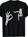 Men's T-Shirt Skeleton Hands Making Gesture Sign On Black Cotton T Shirt