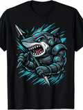 Men's T-Shirt Futuristic Blue Streaks And Silver Armored Battle Shark