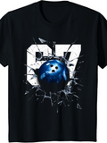 Men's T-Shirt Blue Bowling Ball Breaking Glass With Large White Numbers