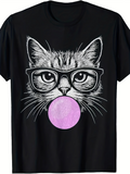 Men's T-Shirt Playful Hand Drawn Cat Wearing Glasses With Pink Bubblegum