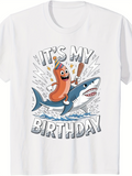 Men's T-Shirt Its My Birthday Fun Hot Dog Riding A Smiling Blue Shark