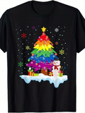 Men's T-Shirt Festive Snowy Scene With Rainbow Christmas Lights Shining Over Tree