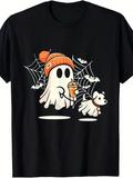 Men's T-Shirt Playful Ghost With Coffee Walking Dog Among Spider Webs Bats