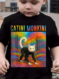 Men's T-Shirt Catini Monkini Vibrant Rainbow Forest With Curious Cat Walking
