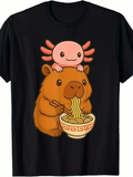 Men's T-Shirt Cartoon Axolotl Sitting On Capybara Eating Ramen Noodles