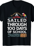 Men's T-Shirt Sailed Through 100 Days Of School Pirate Hat Parrot And Treasure Chest On Black Tee