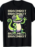 Men's T-Shirt Brainrot With Neon Swirl Eyes Cartoon Lizard Art On Black Shirt