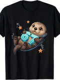 Men's T-Shirt Playful Sea Otter With Floating Blue Numbers Among Starfish Water Otter