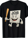 Men's T-Shirt Cheerful Cartoon With Smiling Square Character Holding Wooden Bat