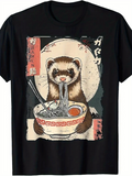Men's T-Shirt Adorable Ferret Slurping Ramen Under Full Moon With Chopsticks Bowl Ferret