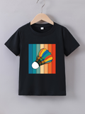 Men's T-Shirt Retro Colorful Vertical Stripes With Vibrant Shuttlecock Design