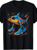 Men's T-Shirt Colorful Graffiti With Sunglasses Sneakers And Walking Shark