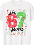 Men's T-Shirt Six Seven Candy Canes With Christmas Lights Surrounded By Snowflakes Number