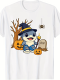 Men's T-Shirt Halloween Pumpkins Witch Hat With Shark Among Bare Trees