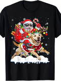 Men's T-Shirt Santa Claus With Candy Cane Riding A Dog In Snow