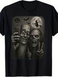Men's T-Shirt Full Moon With Bats Witch Flying Creepy Cartoon Characters Selfie