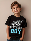 Men's T-Shirt Birthday Boy Blue Letters With Checkered Racing Flag Graphic