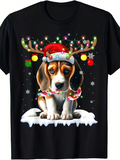 Men's T-Shirt Festive Holiday Snow With Reindeer Antlers Santa Hat Lights Beagle Dog