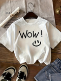 Men's T-Shirt Wow Playful Handwritten Style Black Smiley Face On White Cotton T Shirt