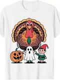 Men's T-Shirt Festive Scene With Pumpkin Cheerful Ghost Joyful Elf And Happy Turkey