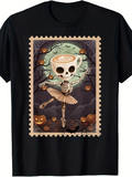 Men's T-Shirt Whimsical Skeleton Ballerina With Teacup Head Dancing Among Halloween Pumpkins